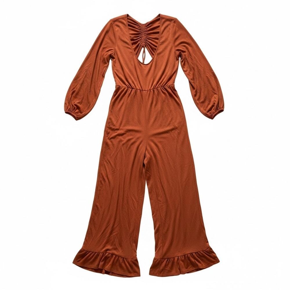 Three Bird Nest Rust Orange Long Sleeve Open Back Wide Leg Jumpsuit Large Summer